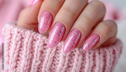 Festive pink nails adorned with shimmering glitter sparkle against a cozy, textured pink knitted mitten, evoking a sense of warmth and holiday cheer.