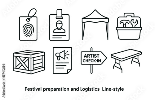 Line style icons of festival preparation and logistics: permit tag, volunteer badge, pop-up tent icon, toolkit bin, supply crate, community call flyer, “artist check-in” sign, folding table stack.