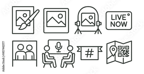 Line style icons of festival promotion and media: poster with brush icon, social media post frame, photo op icon, “live now” stream, behind-the-scenes sketch, artist interview board, hashtag banner,