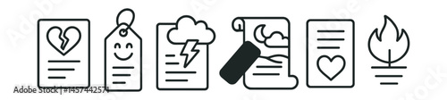 Line style icons of emotional expression through poetry: broken heart poem, joyful verse tag, storm of thought icon, healing words symbol, nostalgic memory scroll, longing lines, peace and light poem