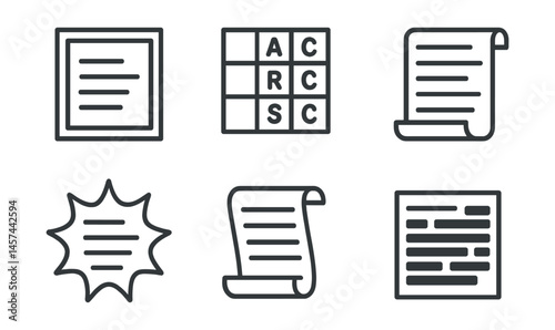Line style icons of poetry formats and styles: free verse frame, sonnet structure, acrostic layout, prose poem page, slam poetry burst, elegy scroll, narrative poem lines, blackout poem square.