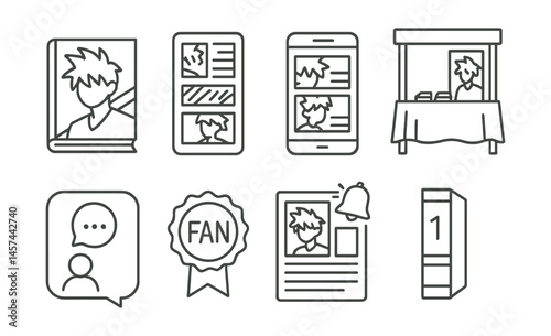 Line style icons of manga publication and sharing: printed tankoubon volume, web manga scroll view, online reading app, manga convention booth, reader comment icon, fan translation badge, page update