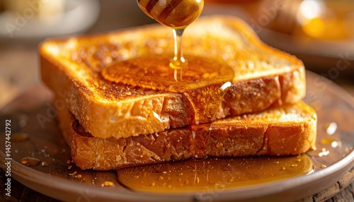 Golden-brown pancakes stack on a plate, glistening with warm maple syrup, evoking a cozy breakfast scene.