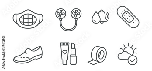 Line style icons of cosplay safety and comfort: anti-fog mask insert, cooling fan necklace, hydration reminder icon, emergency patch strip, comfy shoe insert, cosplay-safe makeup, body tape for