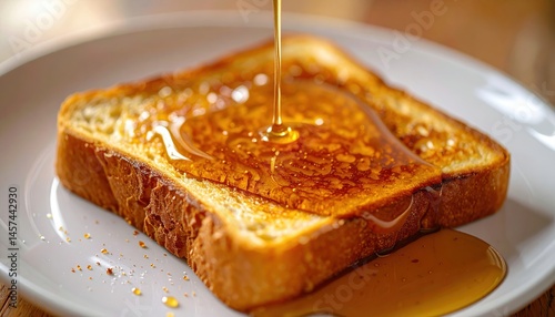 Golden-brown toast drizzles with warm honey over a white plate, evoking a comforting breakfast or cozy indulgence.