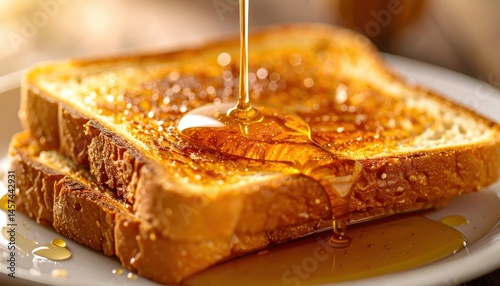 Golden-brown pancakes drenched in amber syrup sit on a plate, radiating warmth and inviting a comforting breakfast indulgence.