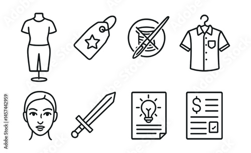 Line style icons of beginner cosplay essentials: base outfit starter, easy character pick tag, no-sew hack icon, thrifted costume find, makeup practice face, simple prop icon, cosplay tips sheet,