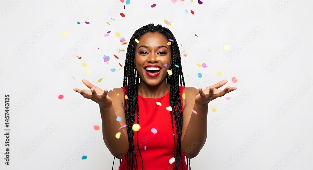 Obraz premium A smiling woman with braids in a red dress throwing confetti against a white background in celebration