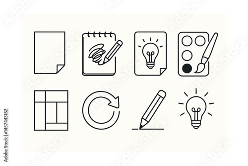 Line style icons of creative process stages: blank page moment, sketch + scribble, idea forming sketch, color trial icon, layout composition grid, feedback loop arrow, revision pencil icon, creative