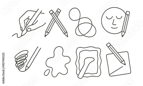 Line style icons of experimental sketching: draw with non-dominant hand, two-pencil icon, continuous line loop, scribble base sketch, eyes-closed drawing badge, random tool shape, coffee spill frame,
