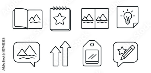 Line style icons of sketch review and reflection: sketchbook flip frame, favorite page badge, before-after sketch icon, lesson learned sticky note, peer comment bubble, improvement arrows, review