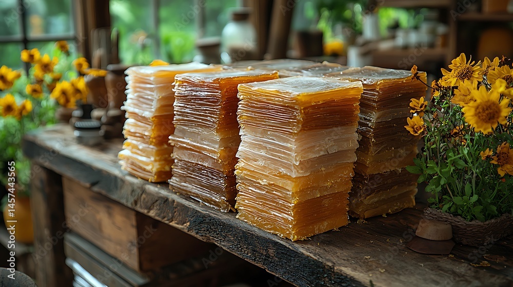 Stacked layers of golden honeycomb on a rustic wooden table surrounded by vibrant flowers
