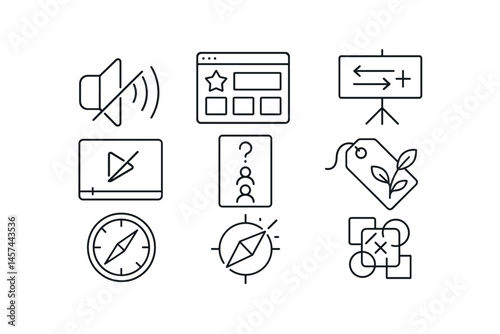 Line style icons of awareness and media filtering: mute distractions button, curated content icon, “choose your input” board, no auto-play symbol, “who influences me?” sheet, detox my feed tag, media