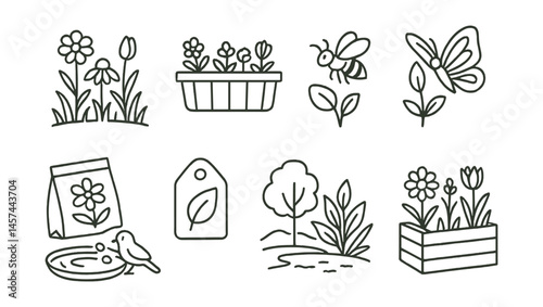 Line style icons of native plant support: pollinator flower patch, bee-friendly balcony, butterfly landing plant, region-specific seed pack, label with plant origin, native habitat sketch, wildlife