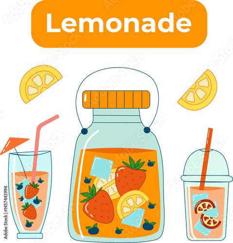 Lemonade banner with jar and two glasses