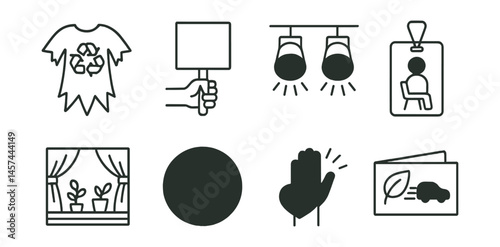 Line style icons of eco-friendly performance events: recycled costume icon, hand-drawn poster board, energy-conscious light setup, audience bring-your-seat badge, school stage with plants, no plastic
