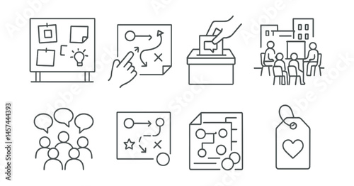Line style icons of co-creation of care: public idea wall, participatory plan sketch, youth voice voting box, workshop in the square, feedback from everyone icon, plan with stickers sheet, city
