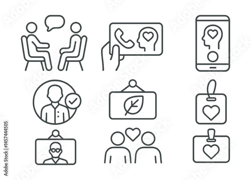 Line style icons of mental health support access: therapy session icon, mental health hotline card, private support app, check-in with specialist badge, wellbeing coaching tag, school counselor door