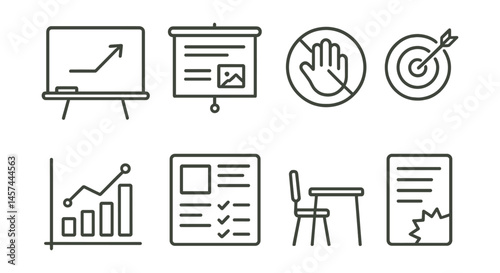 Line style icons of minimal teaching materials: single concept whiteboard, clear slide icon, no-print handout badge, “one goal per lesson” symbol, visual clarity chart, lesson essentials board, quiet