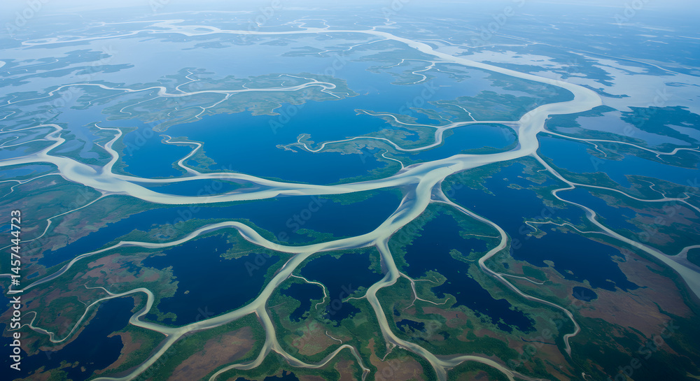 Naklejka premium Aerial Landscape Displaying River Delta Forming Intriguing Water Patterns
