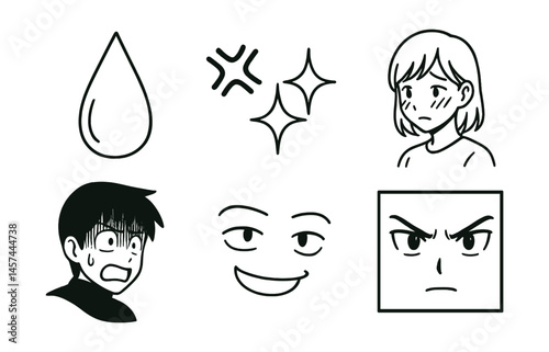 Line style icons of anime expressions and reactions: giant sweat drop, anger pulse mark, sparkle eyes icon, shy turn away, fear shadow cast, smug grin symbol, shocked mouth panel, determined stare