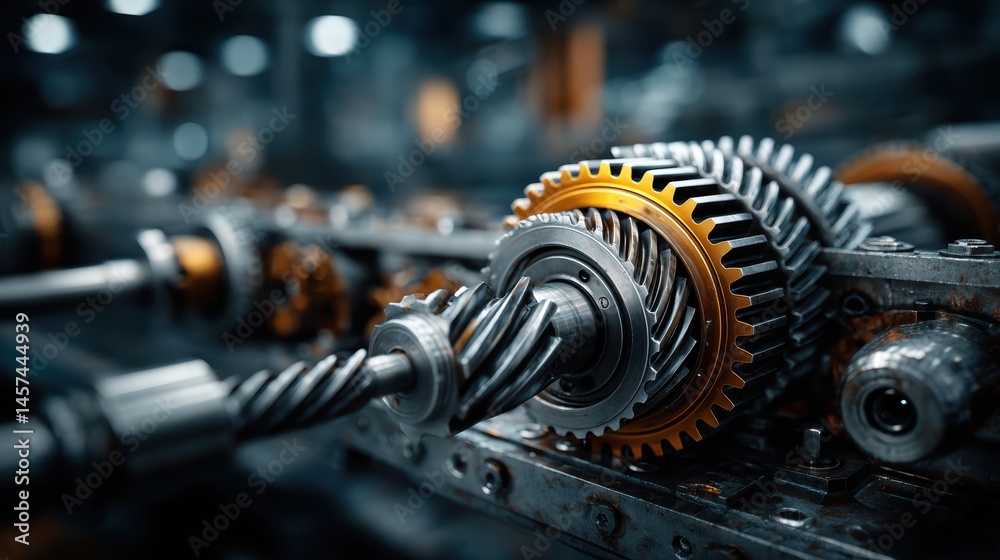 Fototapeta premium Mechanical equipment with rotating metal gears and steel parts, demonstrating the energy behind a powerful industrial motor