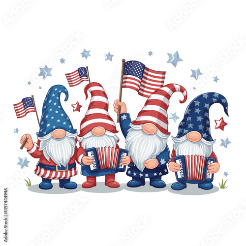 Four gnomes dressed in patriotic red, white, and blue outfits are celebrating with American flags