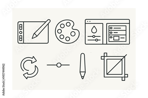 Line style icons of digital fan art tools: pen tablet icon, color palette board, brush settings menu, layer panel screen, undo/redo buttons, resolution setting slider, stylus pen tip, canvas crop
