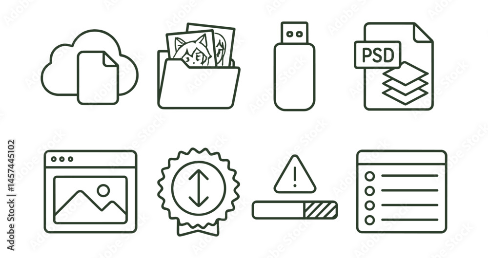 Line style icons of fan art storage and backup: cloud file icon, folder with sketches, USB backup drive, layered PSD file tag, archive screenshot symbol, high-res export badge, storage warning bar,