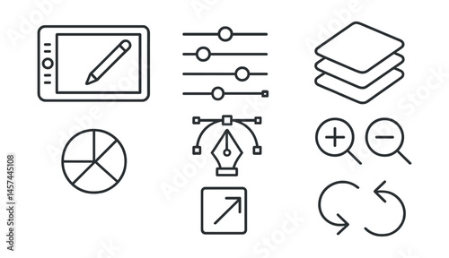 Line style icons of digital creative tools: drawing tablet screen, photo editing sliders, vector pen tool, layer panel icon, color picker circle, export icon, zoom in/out buttons, undo/redo arrows.