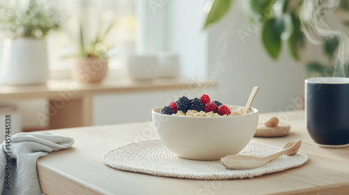 Wallpaper Mural Healthy breakfast bowl with berries and oatmeal on a wooden table in a bright kitchen Torontodigital.ca