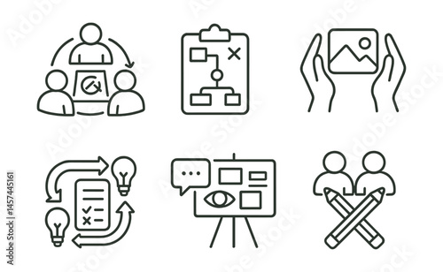 Line style icons of collaboration in creativity: team sketch circle, shared project plan, co-creation hands, idea trade arrows, feedback sheet, collective vision board, peer critique icon, creative