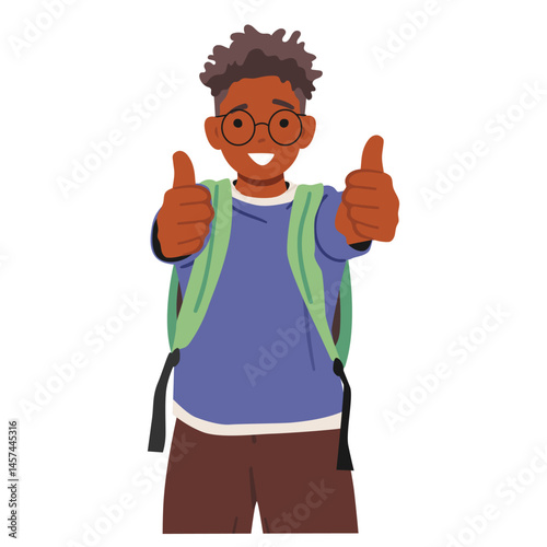Happy nerd boy cartoon geek student character smiling gesturing thumbsup isolated on white