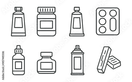 Line style icons of painting media types: watercolor tube, acrylic paint jar, oil paint tube, gouache palette, tempera bottle, ink well icon, spray paint can, encaustic wax bar.
