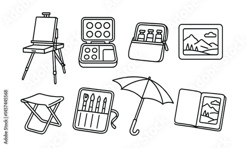 Line style icons of plein air painting: travel easel, compact palette box, paint tubes in pouch, landscape viewfinder, folding stool, brush roll case, weather umbrella, location sketchbook.