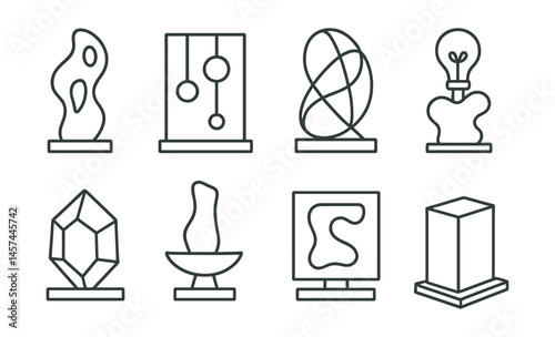 Line style icons of modern sculpture concepts: abstract form icon, kinetic sculpture frame, wireframe shape, conceptual idea sketch, geometric volume icon, found object combo, negative space frame,