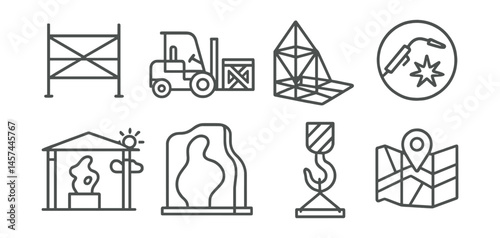 Line style icons of large-scale sculpture setup: scaffolding icon, forklift and crate, metal armature frame, welding tool badge, outdoor studio area, oversized mold piece, crane lift hook, public art