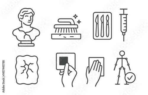 Line style icons of restoration and sculpture care: cracked statue icon, surface cleaning brush, conservation tools tray, glue syringe tool, plaster fill patch, patina retouch card, sanding cloth