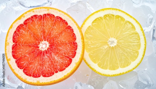 Halved grapefruit showcases vibrant red segments and juicy texture against a backdrop of crushed ice, evoking a refreshing summertime vibe.