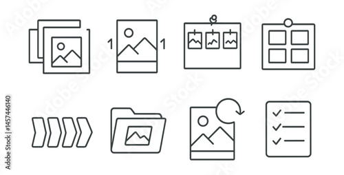Line style icons of artist process tracking: process photo log, time-lapse frame, daily sketch wall, pinned moodboard, phase label set, iteration folder, revision marker, completion checklist.