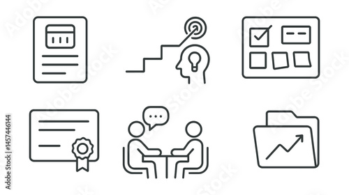Line style icons of artist talks and presentations: slideshow setup, portfolio screen icon, artist statement speech, exhibit walkthrough, seated audience row, Q&A session mic, post-talk applause,