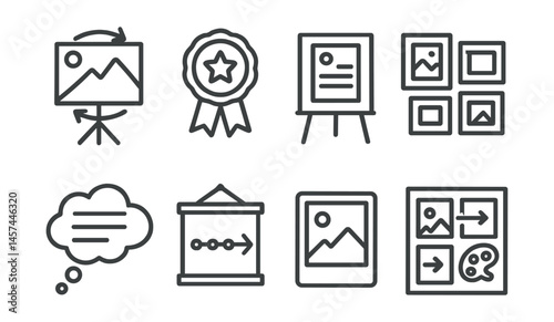 Line style icons of classroom displays and showcases: rotating artwork board, best of month badge, mini exhibit flyer, wall gallery layout, student quote wall, progress timeline chart, final work
