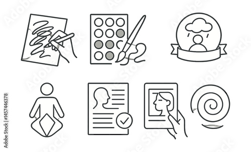 Line style icons of therapeutic creative process: free expression sketch, emotional color chart, nonverbal story card, process over product badge, feelings through form icon, guided reflection