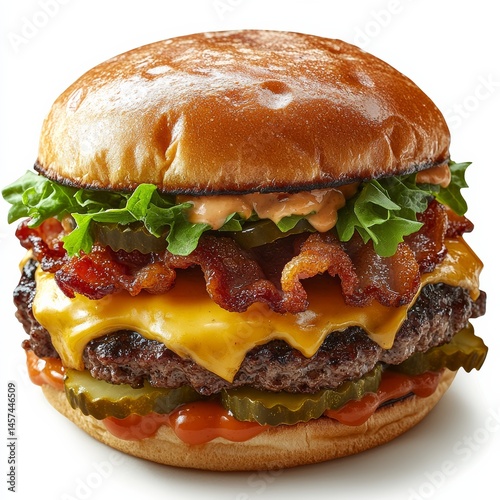 stacked juicy double cheeseburger with crispy bacon melted cheese fresh lettuce and pickles in a toasted brioche bun soft warm lighting clean white background 