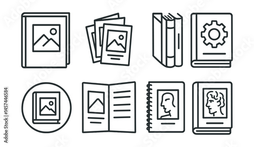 Line style icons of art book collections: oversized art album, mini zine stack, hardcover portfolio series, design manual icon, printmaking book badge, exhibition catalog icon, sketchbook