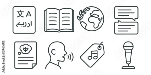 Line style icons of multilingual and cross-cultural poetry: poem in different scripts, bilingual verse page, global poetry circle, translated lines icon, cultural metaphor sheet, oral tradition