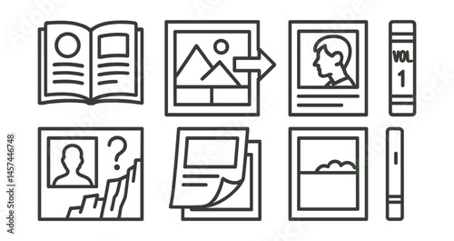 Line style icons of graphic novel structure: intro chapter icon, midpoint shift frame, flashback insert page, cliffhanger panel, page turn effect, scene-to-scene transition, final page signature,
