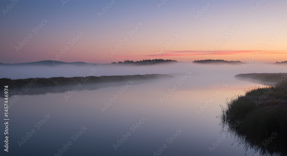 Naklejka premium Tranquil Morning Mist Envelopes A Serene Landscape At Dawn