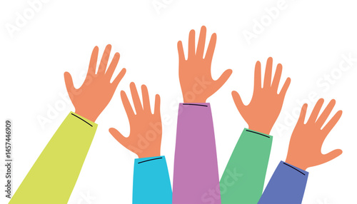 Hands raised up. Colorful silhouettes of diverse people. Cartoon style illustration of voting, support, diversity, unity, and equality. Isolated on white background.
