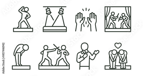 Line style icons of cosplay performance and stage: pose on platform icon, stage lights with shadows, crowd reaction hands, cosplay skit scene, intro bow icon, choreographed action frame, MC with mic,